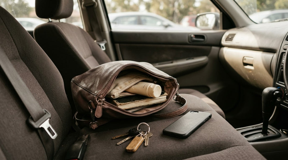 Open handbag on a car passenger seat with lotion, keys and a phone, illustrating how dry-skin care becomes part of everyday life.