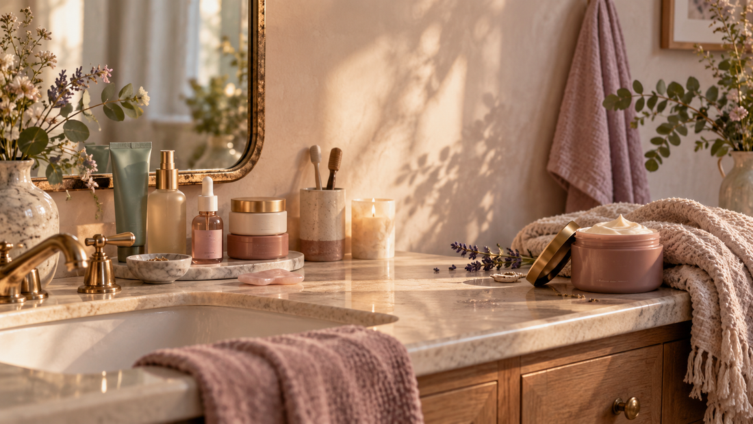 Warm bathroom vanity with facial skincare products, body moisturizer, towels, and botanical accents.