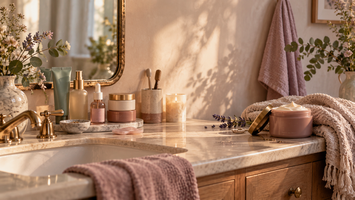 Warm bathroom vanity with facial skincare products, body moisturizer, towels, and botanical accents.