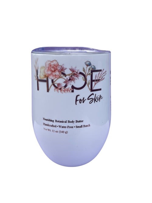 Body butter container with floral design and 'Hope for Skin' text on a white background