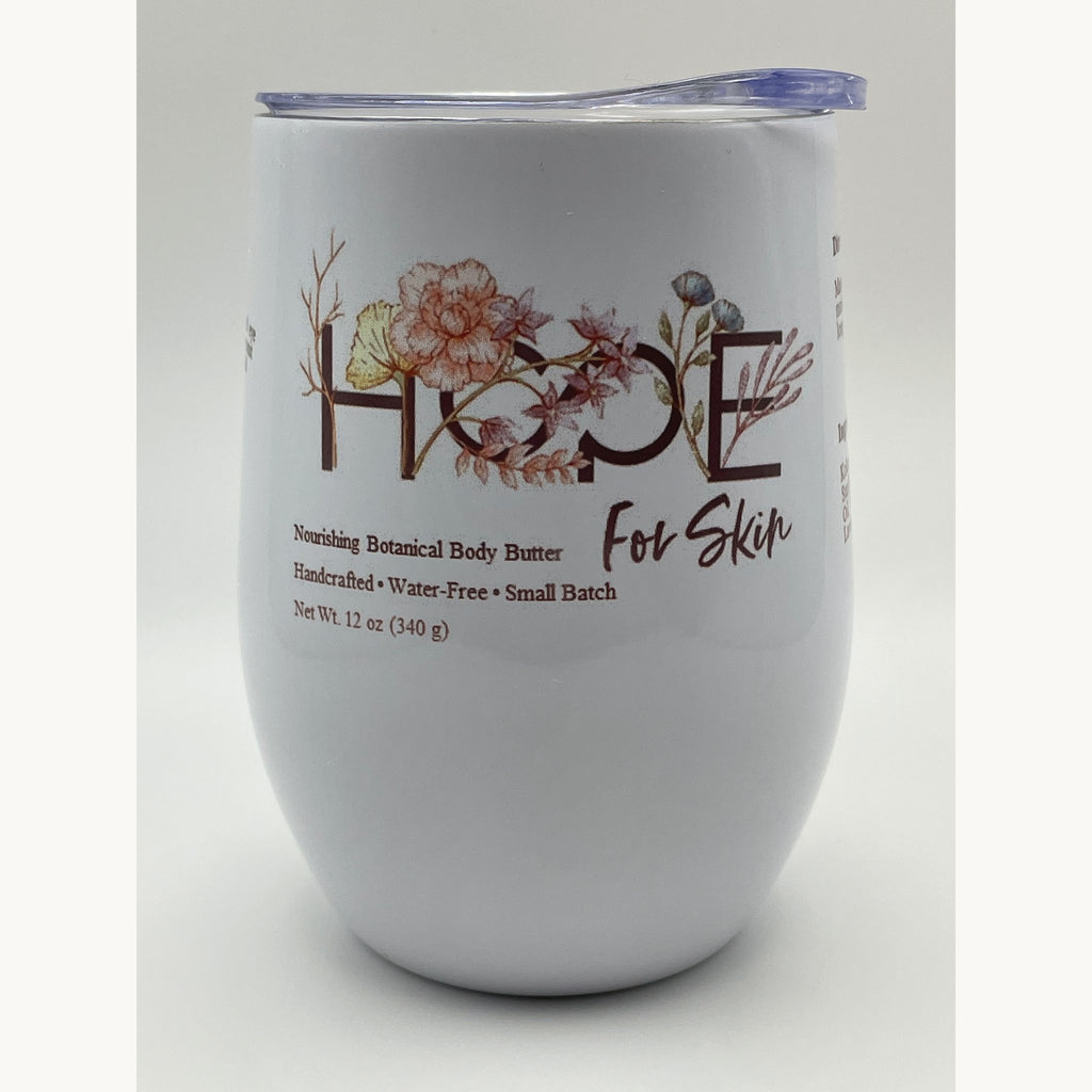 White container with floral design and text on a white background