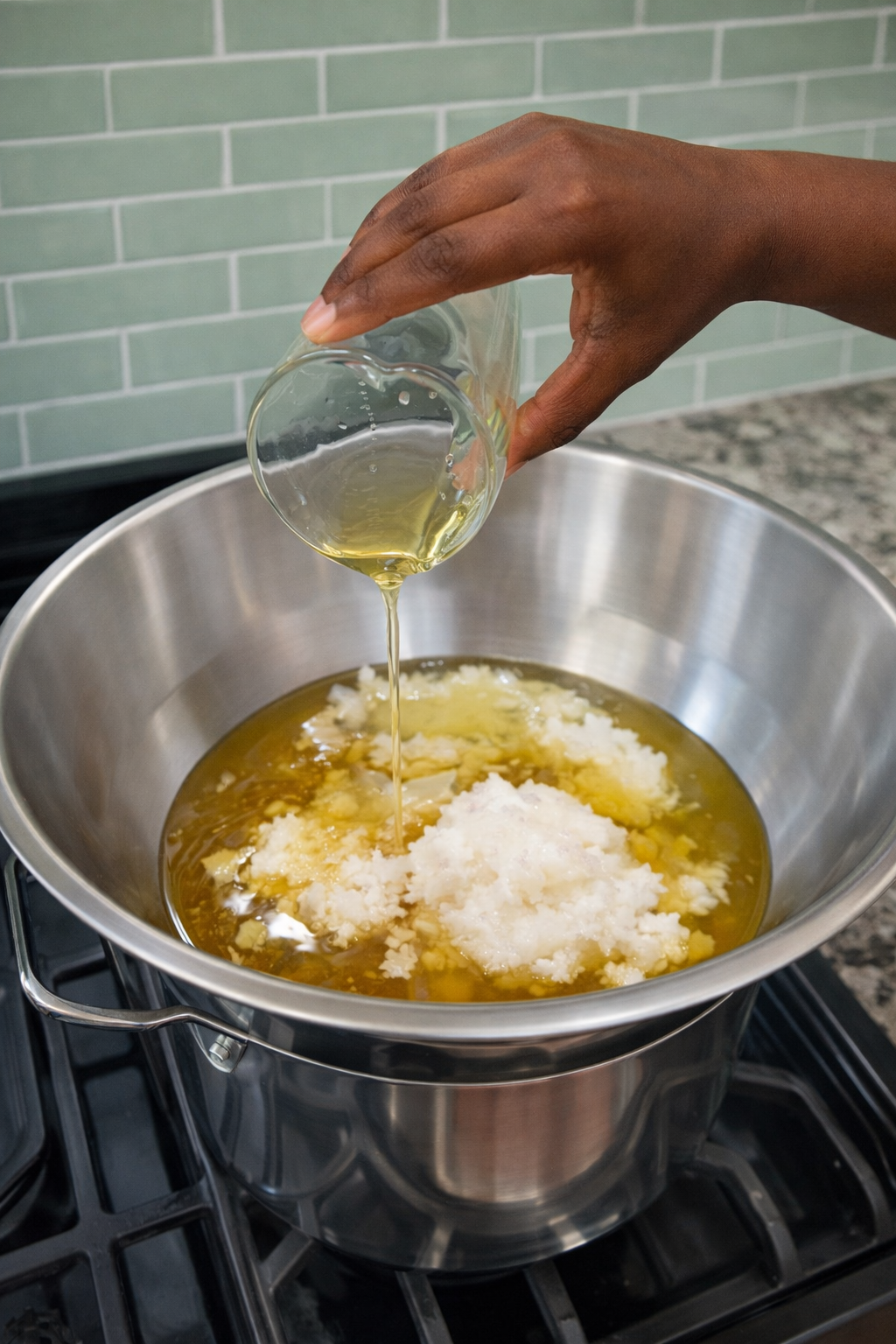 Hand pouring liquid into a pot on a stove with a tiled wall background. Chatgpt generated