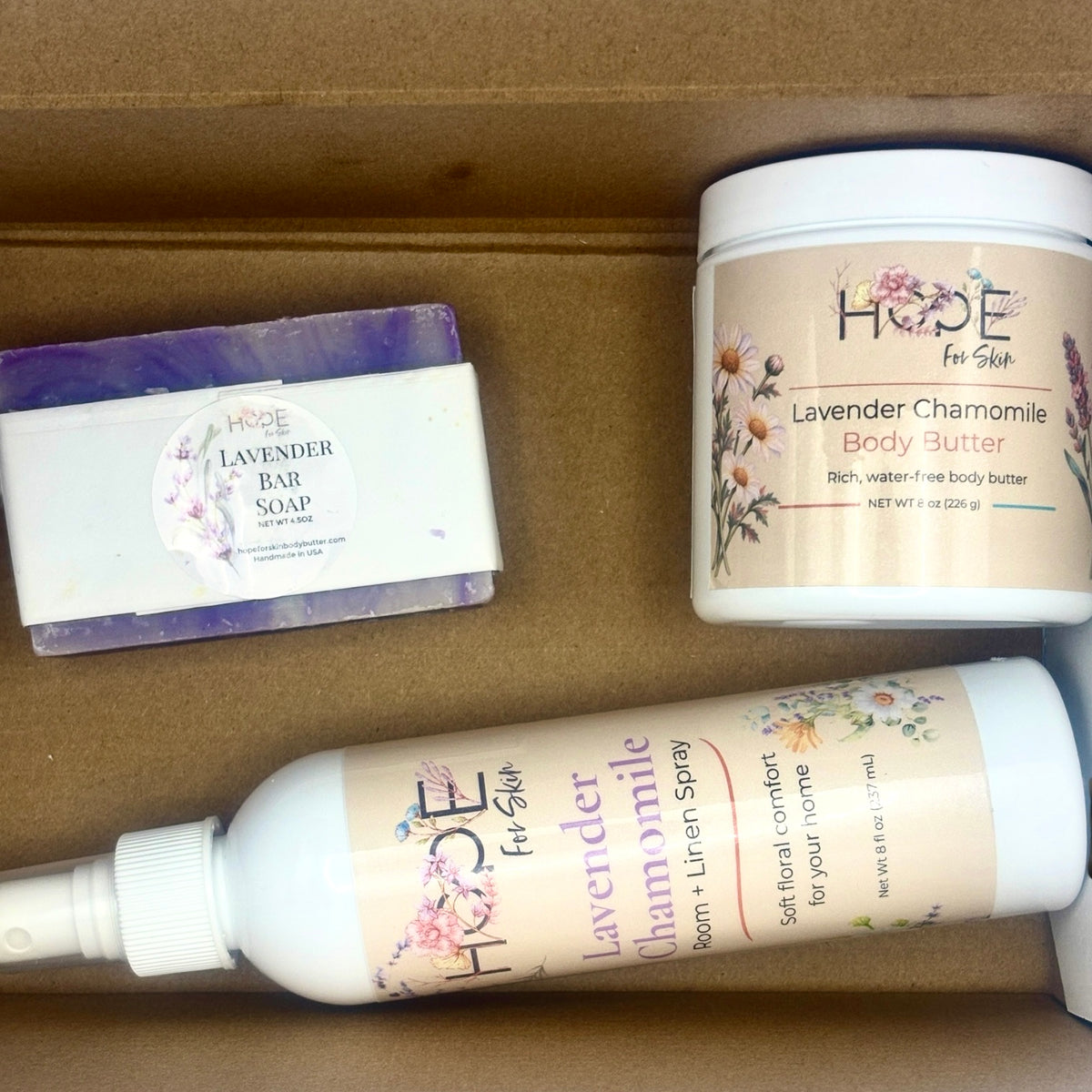 Lavender Chamomile self-care set arranged inside gift box