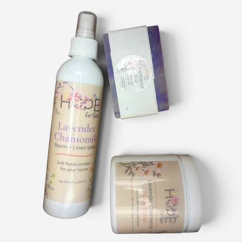 Lavender Chamomile self-care set product arrangement on white background
