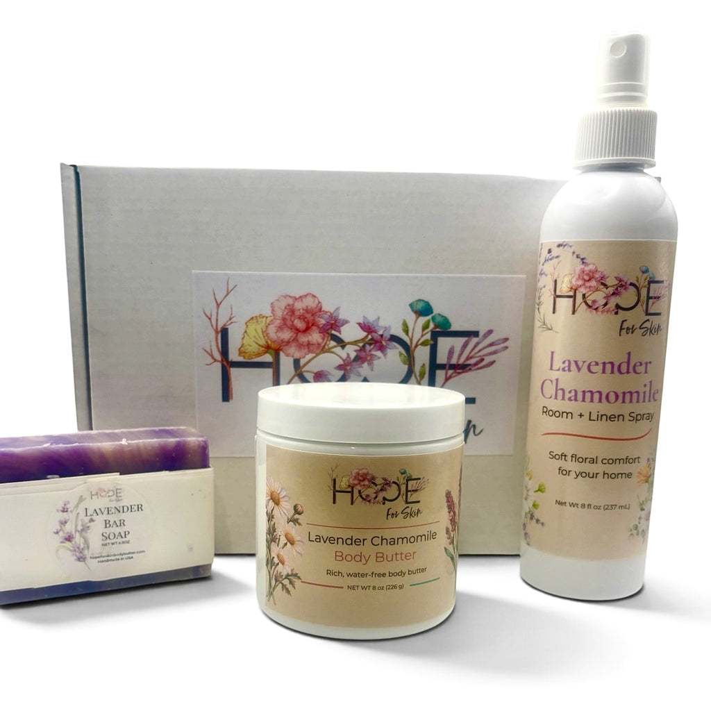 Lavender Chamomile self-care set flat lay with room spray, lavender soap, and body butter