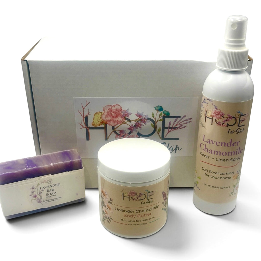 The Lavender Chamomile Moment self-care set displayed with Hope For Skin gift box