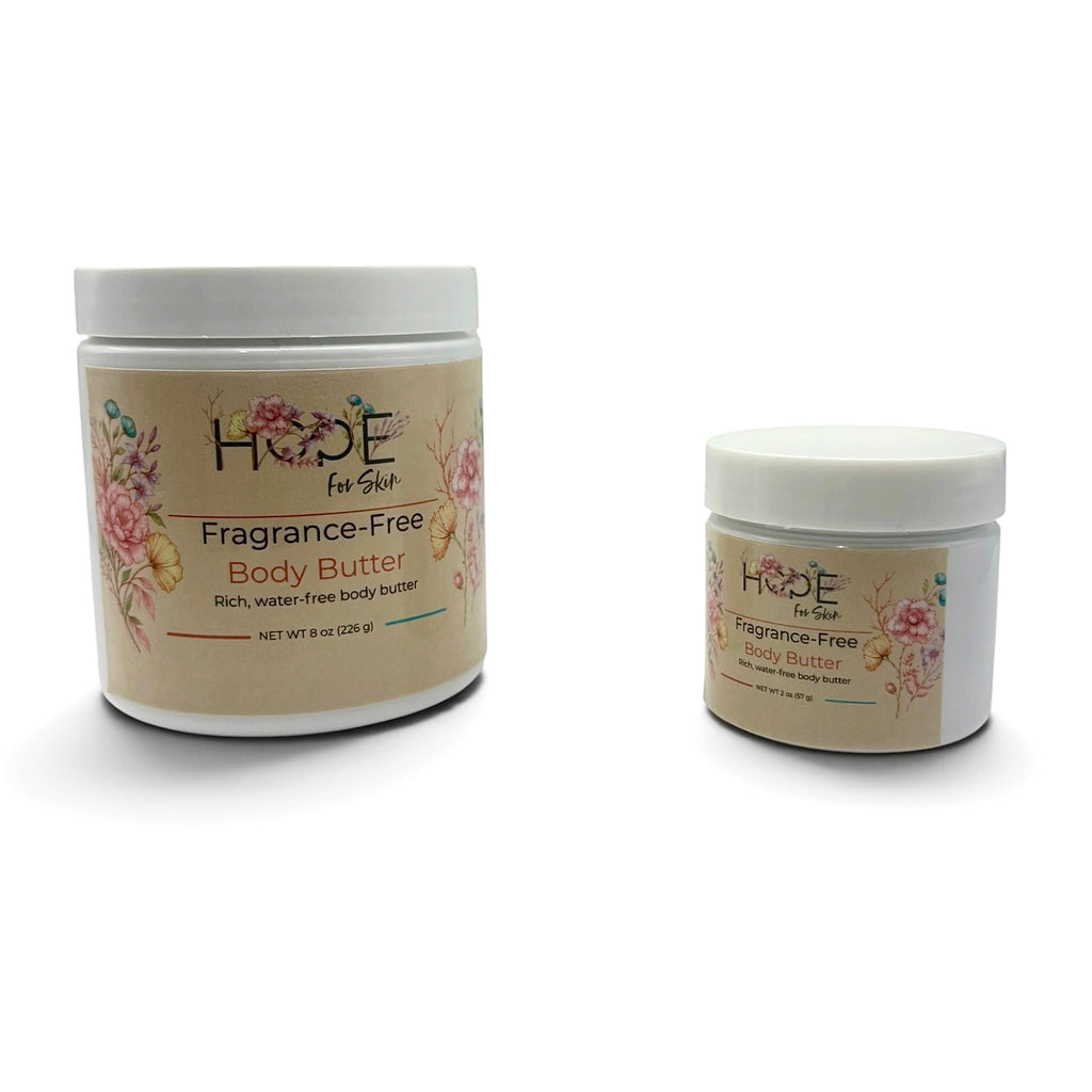 Hope For Skin Fragrance-Free Body Butter 8 oz and 2 oz size comparison