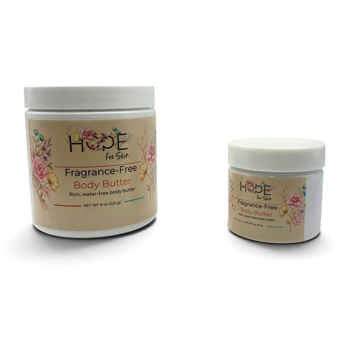 Hope For Skin Fragrance-Free Body Butter 8 oz and 2 oz size comparison