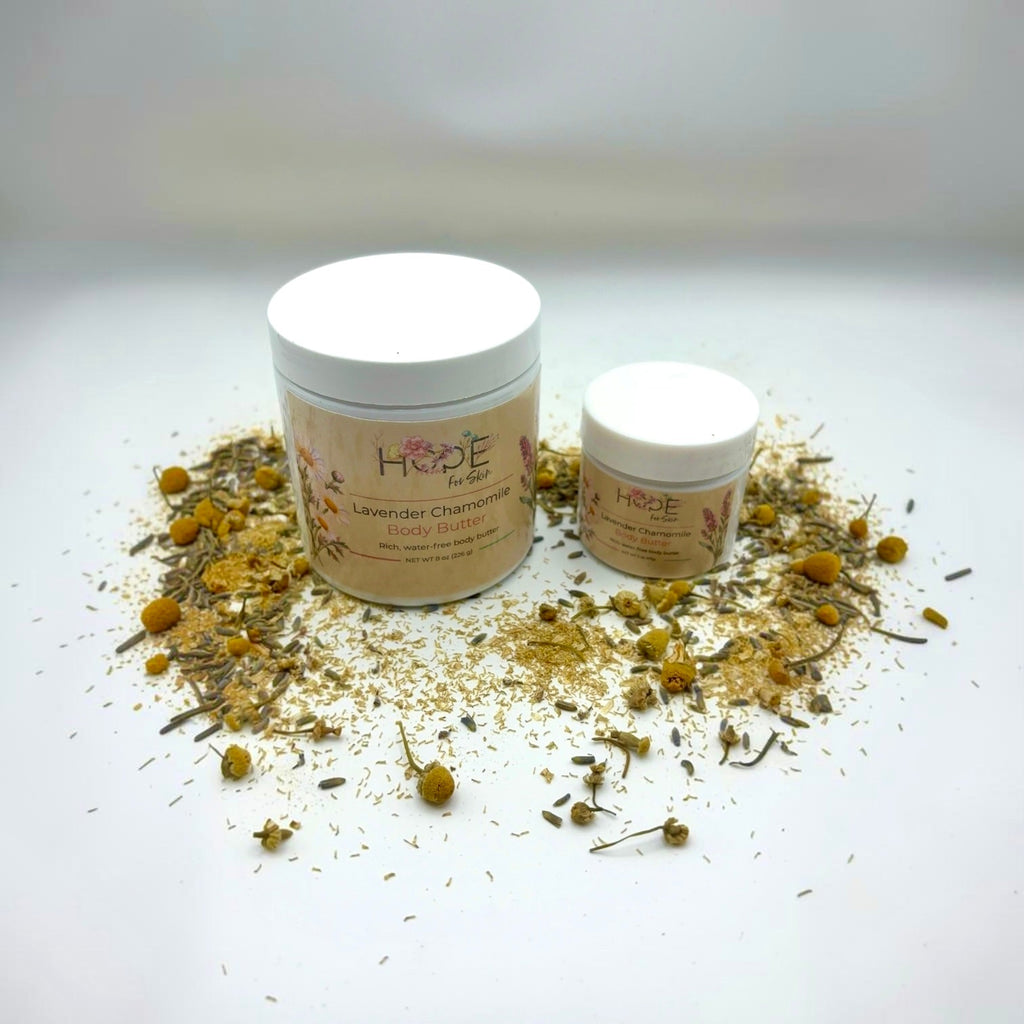 Hope For Skin Lavender Chamomile Body Butter open jar at an angle, showing the rich butter texture
