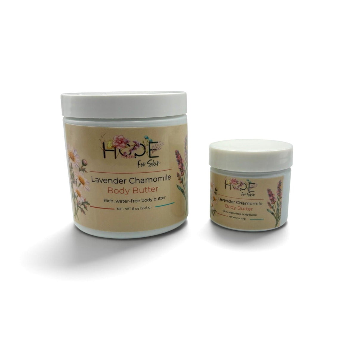 Hope For Skin Lavender Chamomile Body Butter 8 oz jar held in hand for scale