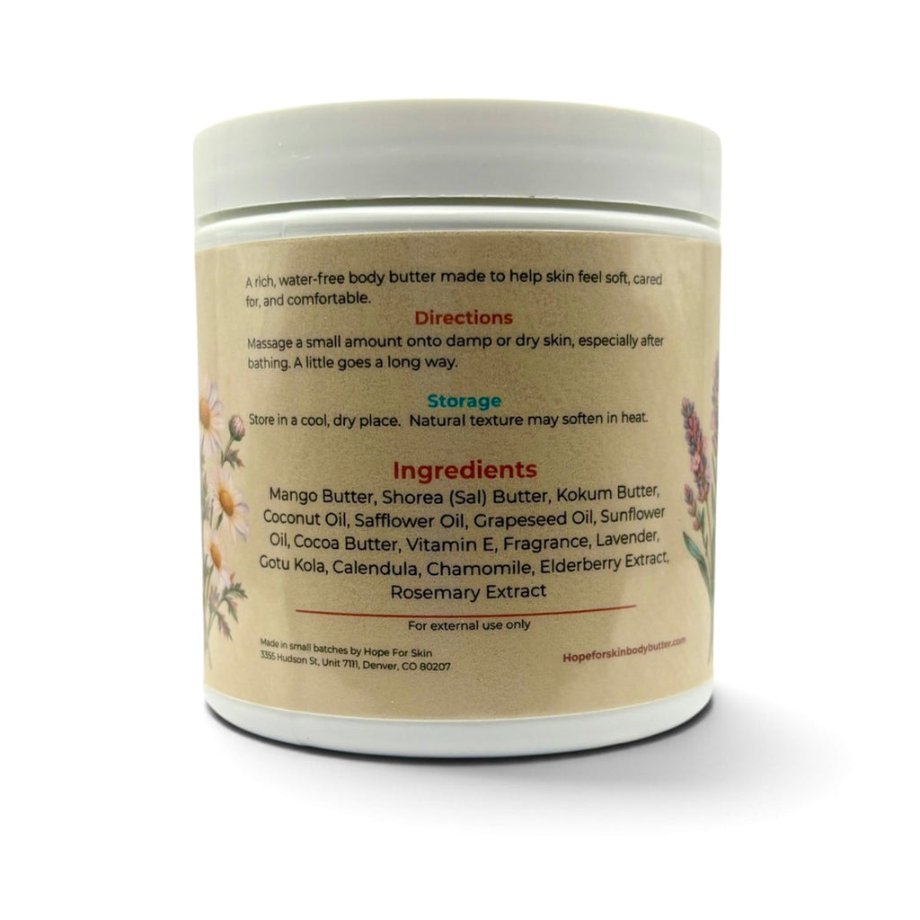 Hope For Skin Lavender Chamomile Body Butter 2 oz jar held in hand for scale