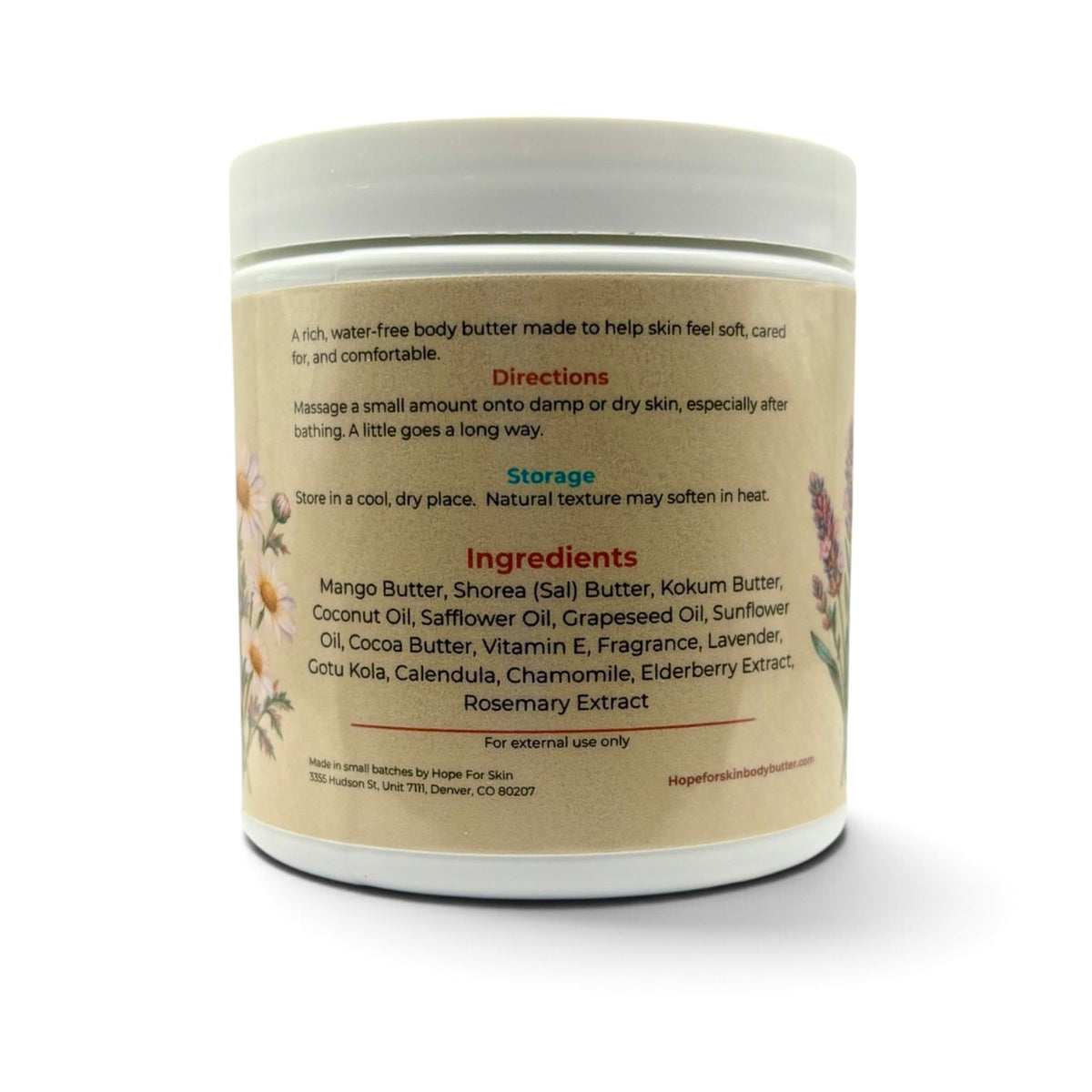 Hope For Skin Lavender Chamomile Body Butter 2 oz jar held in hand for scale