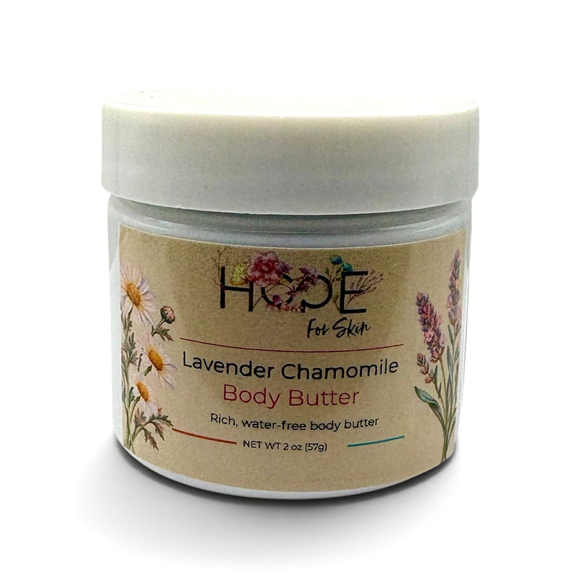 Hope For Skin Lavender Chamomile Body Butter product detail on a soft cream background