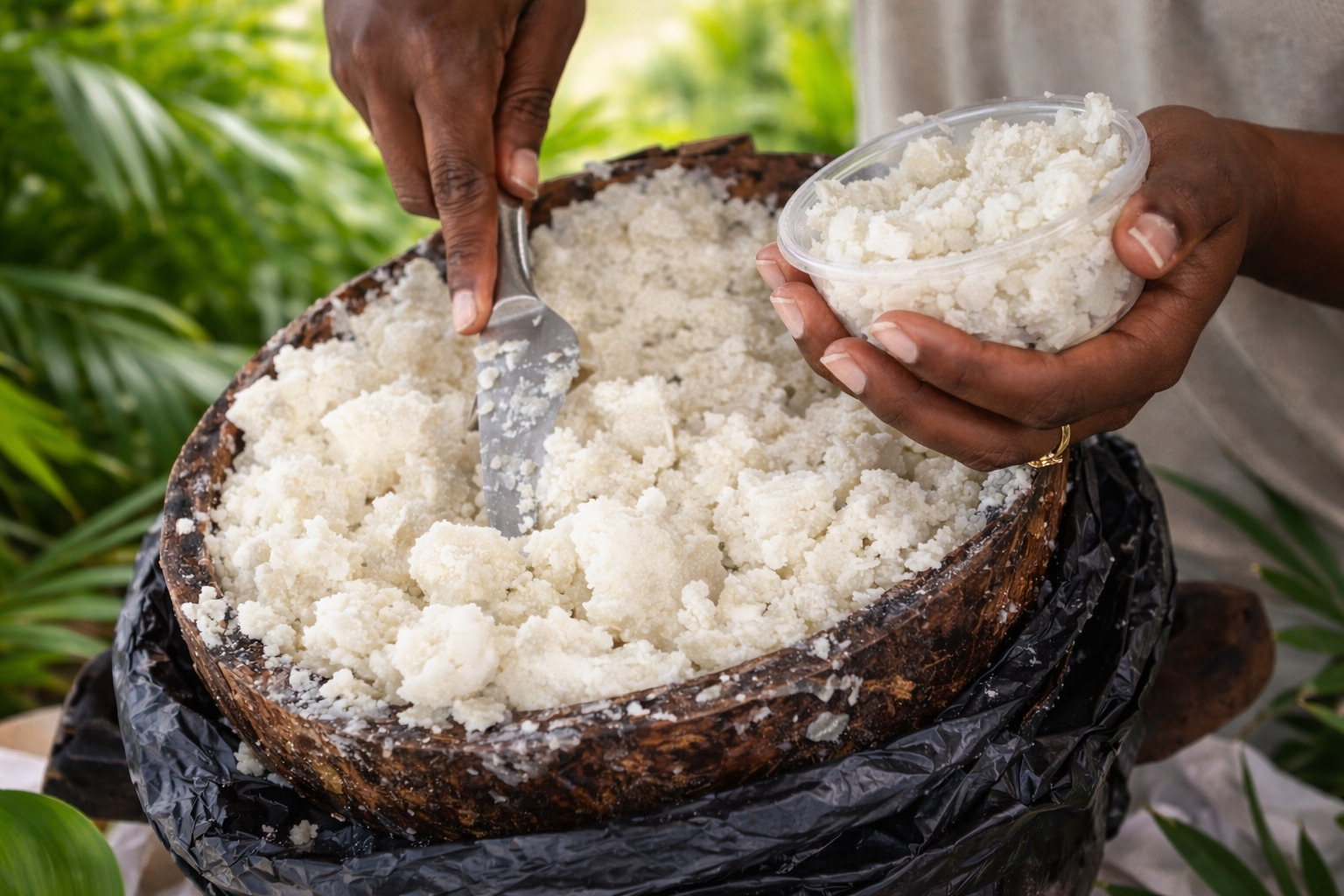 Person scooping a bowl of kokum butter from a large bowl outdoors.